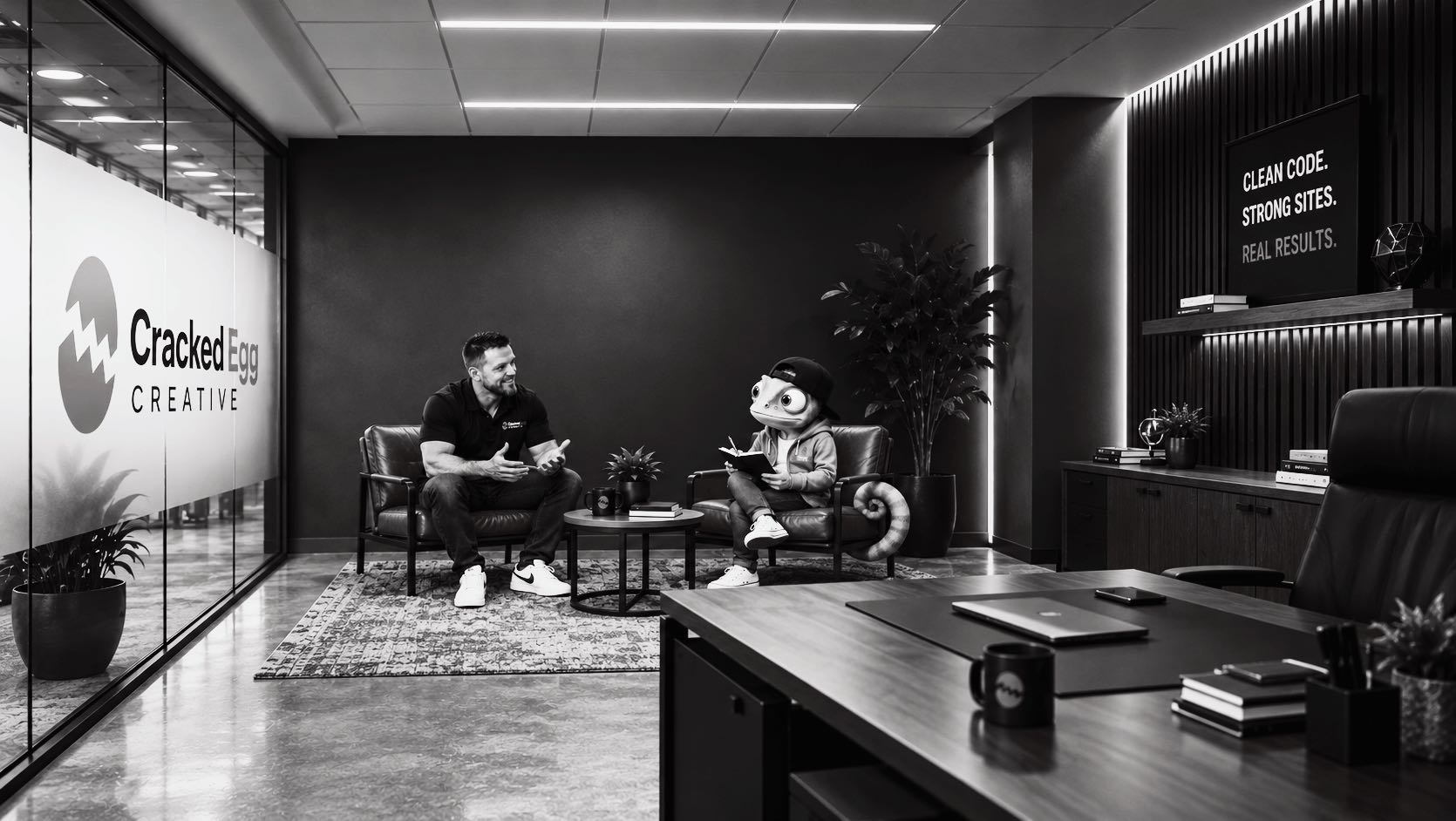 Garrett Johnson, Chief Technology Officer at Cracked Egg Creative, talking with Hatch in the Cracked Egg Creative office