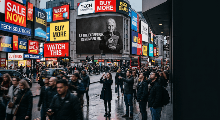 A crowded city street covered in advertisements, a visual reminder that attention is everywhere but memorability is rare.
