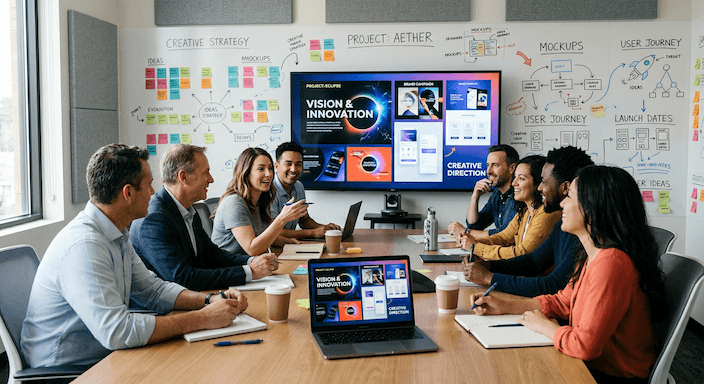 Creative team reviewing a campaign in a strategy session surrounded by ideas and mockups.